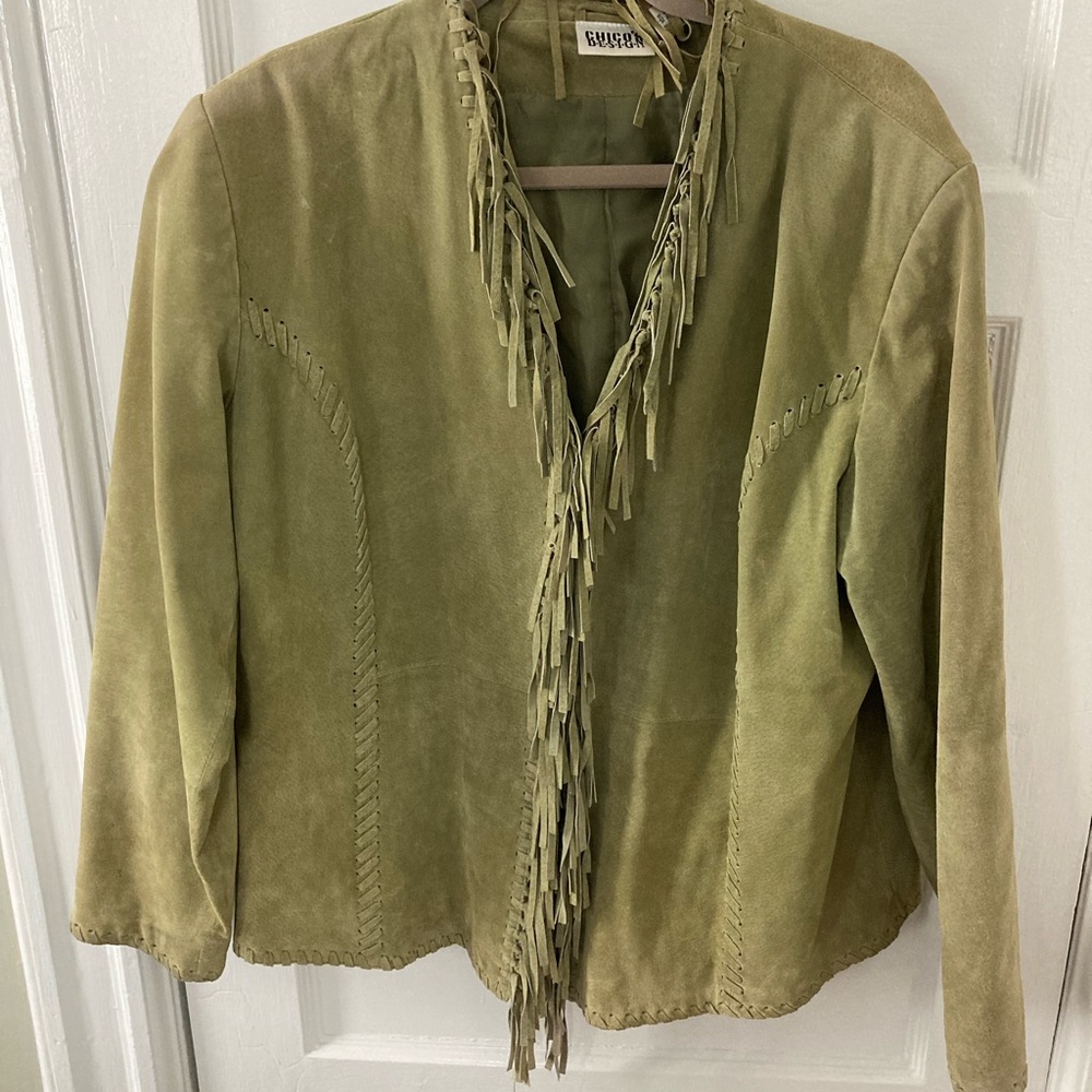 Vintage Chicos green fringed  leather jacket in Size 3